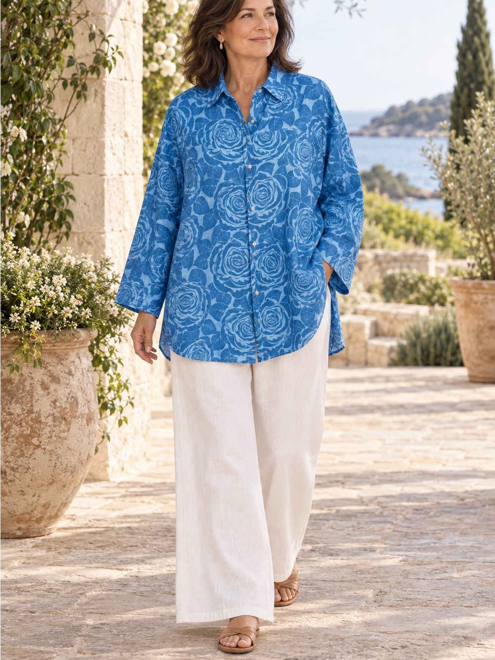 Flax 100% Linen Blue Floral Button-Down Shirt - Picture 3 of 6